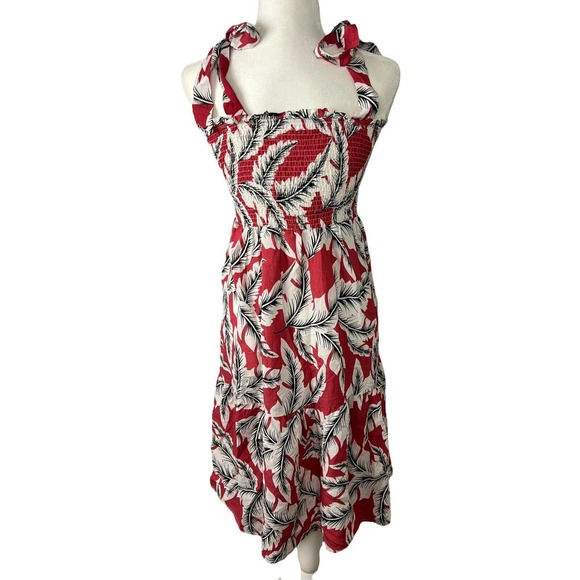 Daisy May Sz S Red Black White Leaf Print Smocked Bust Tiered Tie Midi D… - Picture 4 of 8